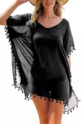 Sukienka plażowa-tunika z frędzlami KORFU, czarna